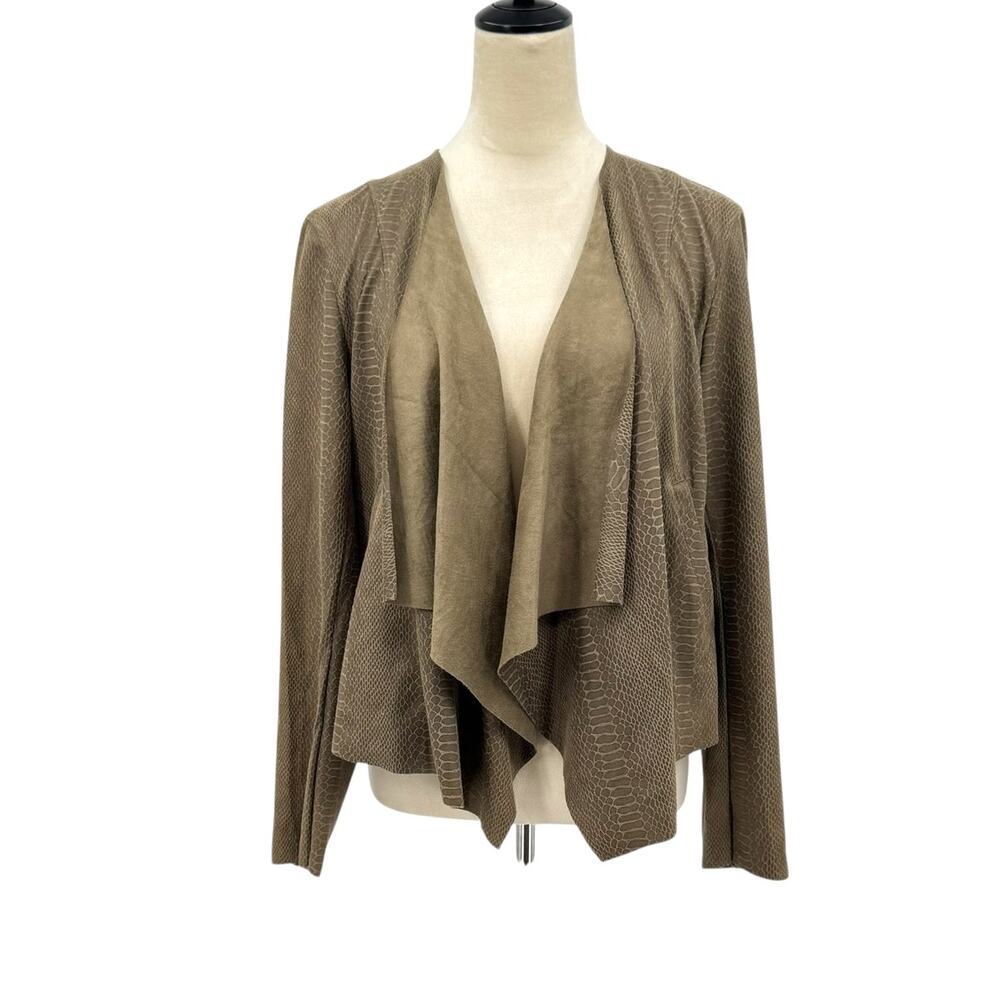 Blank NYC Faux Suede Brown Green Snake Reptile Draped Open Jacket Cardigan